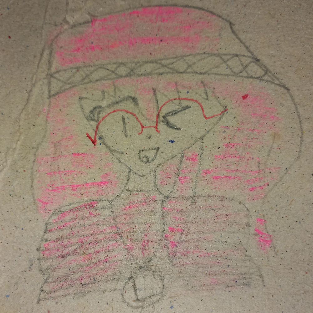 A photo of a drawing of Luka Megurine (Light & Casual module) winking with a happy expression. She is wearing a pink sweater, red half-rimmed glasses, and a hairband resembling the top part of her headphones. The drawing is on a grey recycled paper, using a pencil, a pink highlighter, and a red pen.