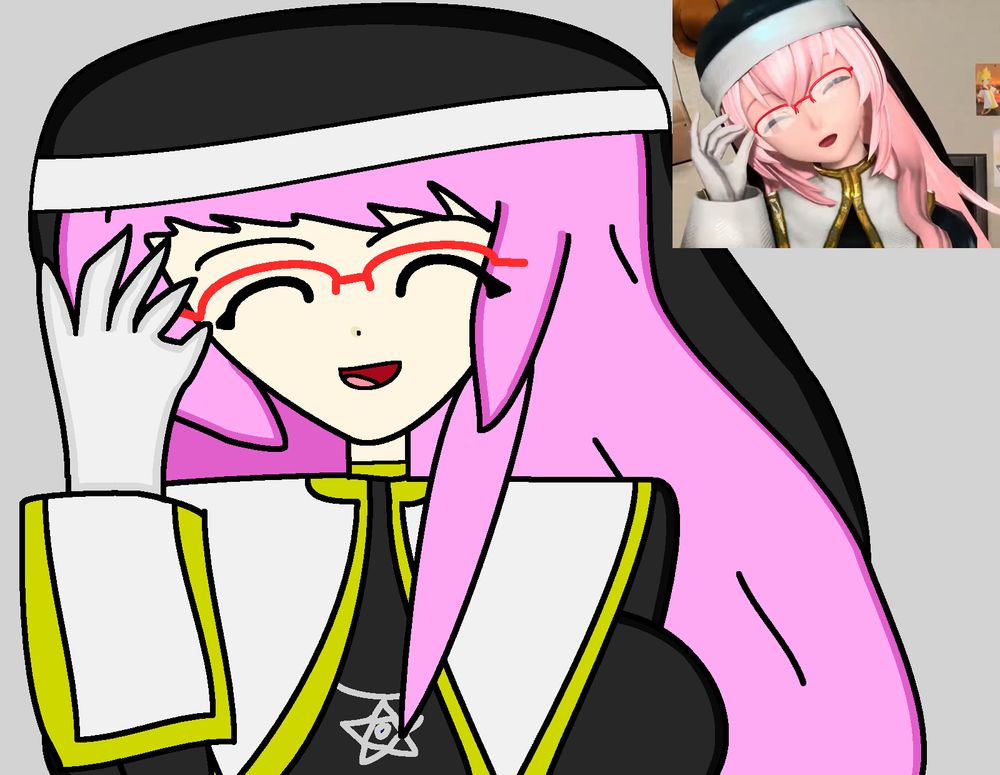 A digital portrait drawing of Luka Megurine wearing a habit outfit, red half-rimmed glasses, and white gloves. She is smiling with her eyes closed, and her hand is on her glasses. The background is solid gray, and the reference, which is from a Project DIVA music video of the song "MEGANE", is on the top right of the drawing.