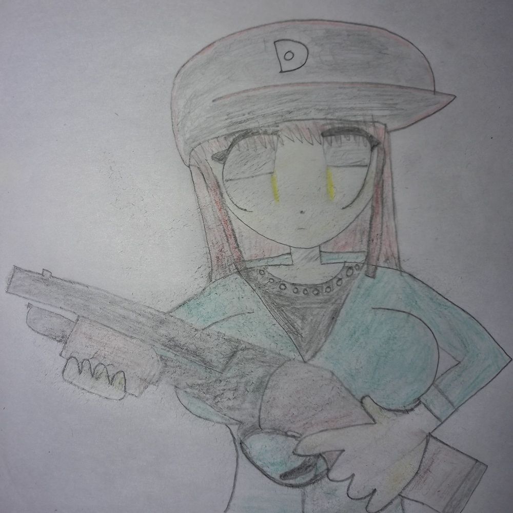 A sketch drawing of Luka Megurine from the DONUT HOLE 2024 music video holding a shotgun, with no expression and her eyes half-closed. She has a long red hair with blunt bangs, and yellow eyes. She is wearing a black hat with a red trim & a white D, a black shirt, a white necklace with circles, and a green jacket.