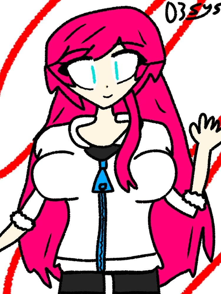 A digital drawing of Luka Megurine (Interviewer Luka module) smiling and waving. Her hair is hot pink colored. She is wearing a white hoodie with a blue zipper, a black t-shirt, and black shorts. The background is a solid white with red lines. My watermark resembling my logo (text captioned "03Sys") is in the top right of the drawing, colored black.