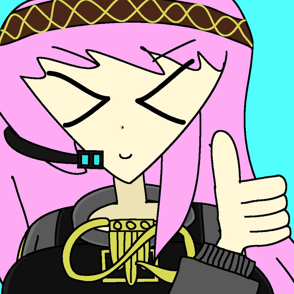 A digital drawing of Luka Megurine wearing her headphones, a black and grey hoodie with a gold trim, and her brooch, which resembles a musical note, giving a thumbs up with a happy expression. Her eyes are closed, and are shown as the > and < symbols. The background is a solid cyan.