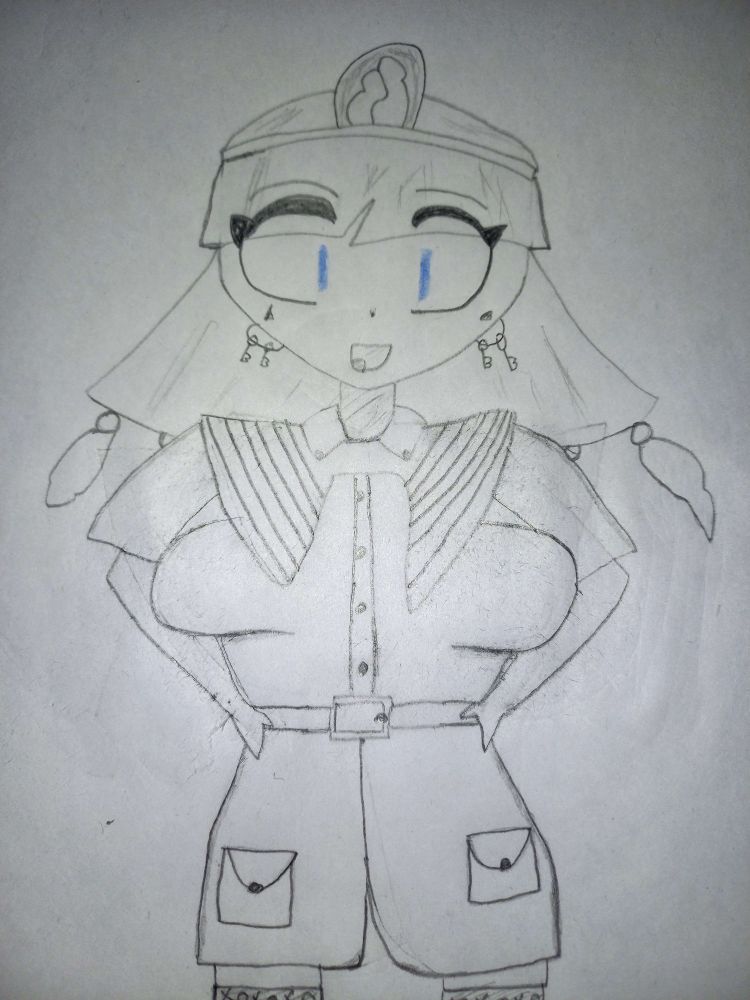 A pencil drawing of Nareko Michigami putting her hands on her hips. Her eyes are drawn in blue.