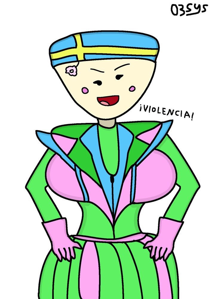 A digital drawing of GirlFren with an evil smile, standing with her hands on her hips. The background is a solid white. There is black text beside her captioned "¡VIOLENCIA!", and my watermark resembling my logo (text captioned "03Sys") is in the top right of the drawing, colored black.