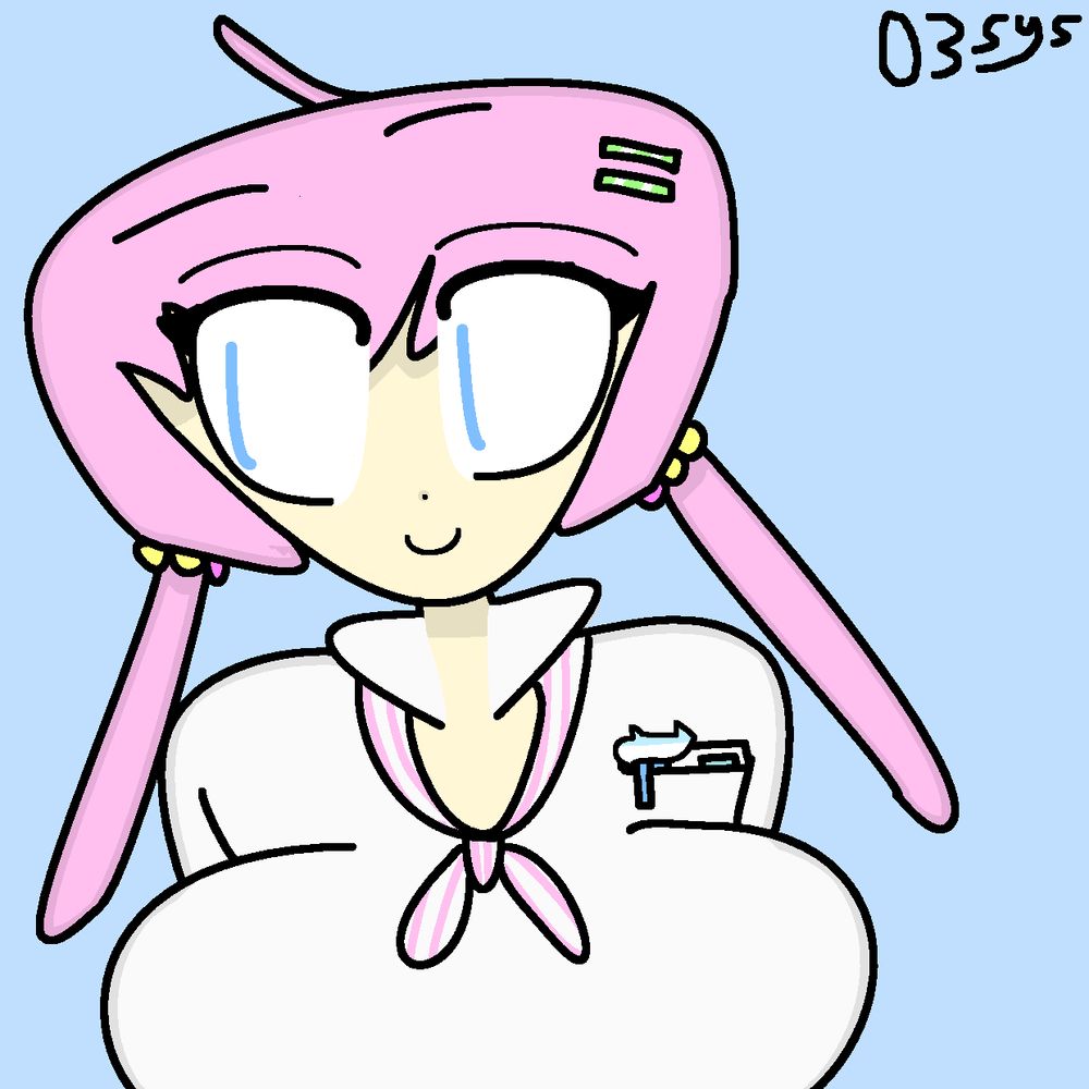 A digital portrait drawing of Luka Megurine in a pigtail with two white and green striped hairpins wearing a white shirt with a white and pink striped necktie. A blue pen with a tuna fish on its cap and a blue eraser are on her shirt pocket. She is smiling and looking to the side. The background is a solid light blue, and my watermark resembling my logo (text captioned "03Sys") is in the top right of the drawing, colored black.