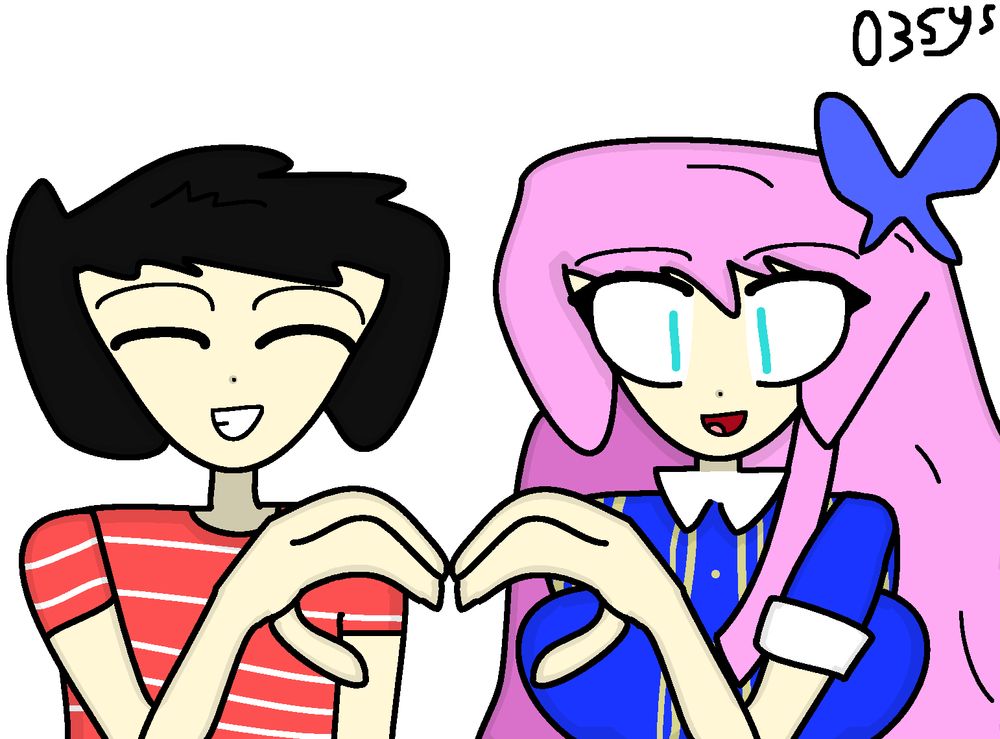 A digital drawing of my self-insert and Luka (wearing the outfit from Dreamin' Chuchu) doing heart hands with happy expressions. The background is a solid white, and my watermark resembling my logo (text captioned &quot;03Sys&quot;) is in the top right of the drawing, colored black.
