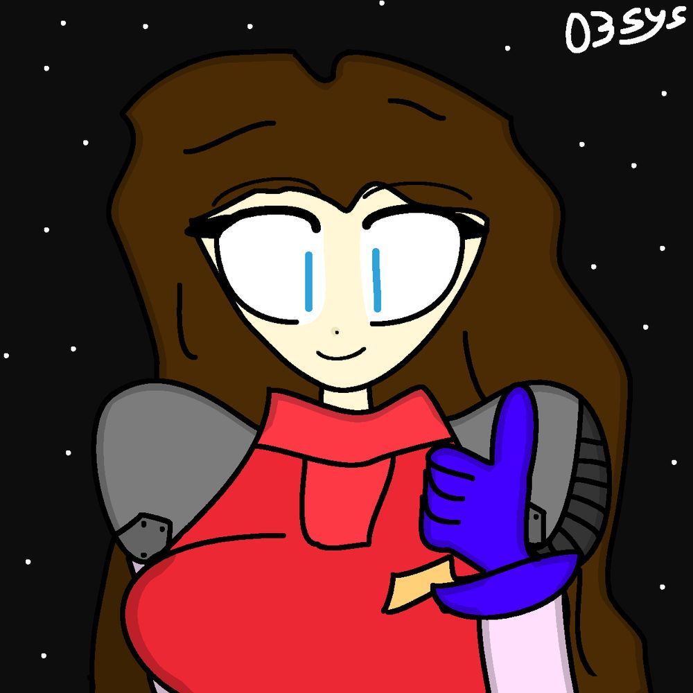A digital drawing of Jody Summer from F-Zero giving a thumbs up. The background resembles a space background. My watermark resembling my logo (text captioned "03Sys") is in the top right of the drawing, colored white.