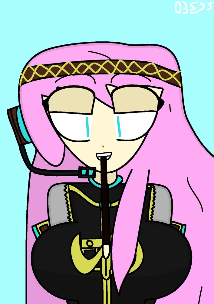 A digital drawing of Luka Megurine smiling with her eyes half-closed and holding a Pocky stick on her teeth. The background is a solid light cyan, and my signature, resembling my logo (white text captioned "03Sys"), is in the top right of the drawing.