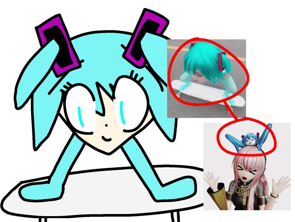 A digital drawing of Hatsune Miku's head with legs resembling her twintails riding a skateboard. The background is a solid white. The reference is shown on the right side of the drawing, showing a cosplayer riding a skateboard and squatting to only show her head and legs. There is a circle on the reference, pointing to another circle, showing a screenshot of Project DIVA, showing Shiteyan'yo (the character that's based on) on Luka Megurine's head, and Luka is in an annoyed expression.