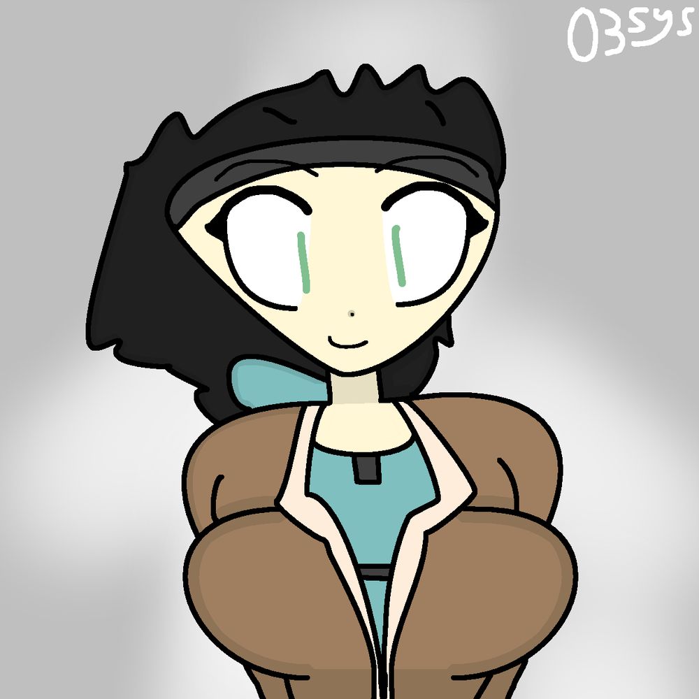 A digital portrait drawing of Alyx Vance smiling. The background is a solid grey with fog, and my watermark resembling my logo (text captioned "03Sys") is in the top right of the drawing, colored white.