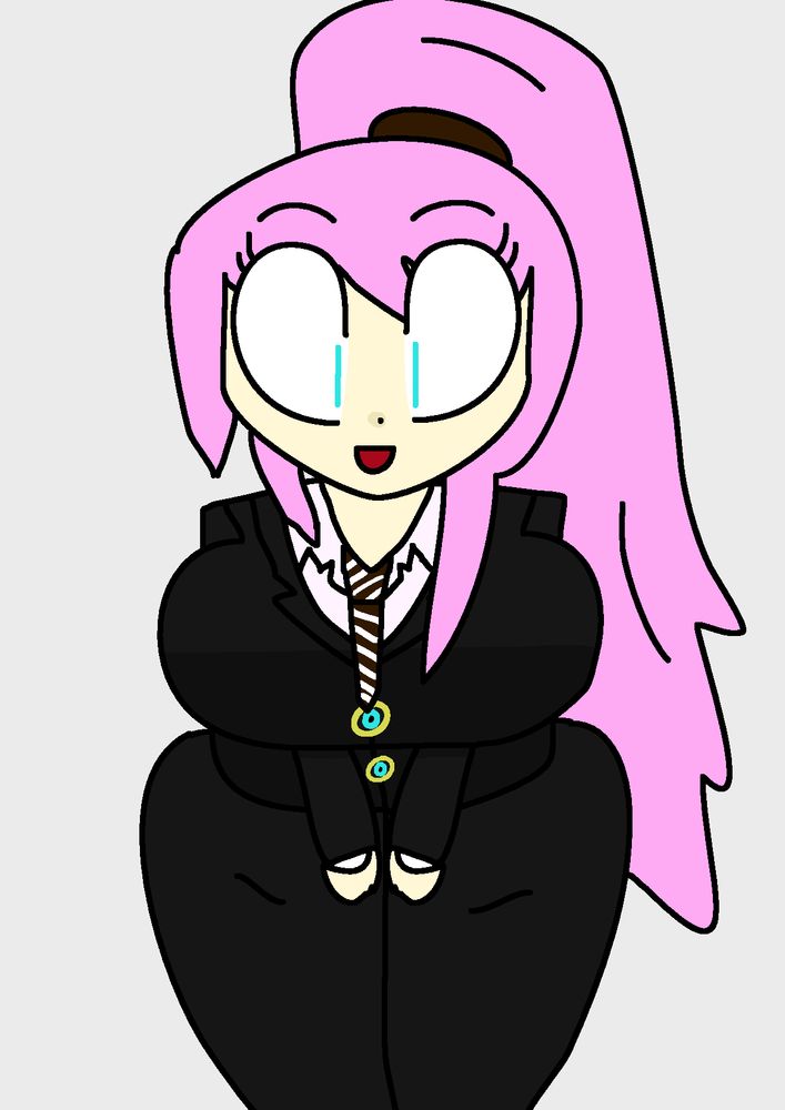 A digital flat-colored drawing of Luka Megurine with a ponytail wearing a business suit and a brown white-striped tie, standing with a happy expression, her arms are shown together as the letter V. The background is solid gray.