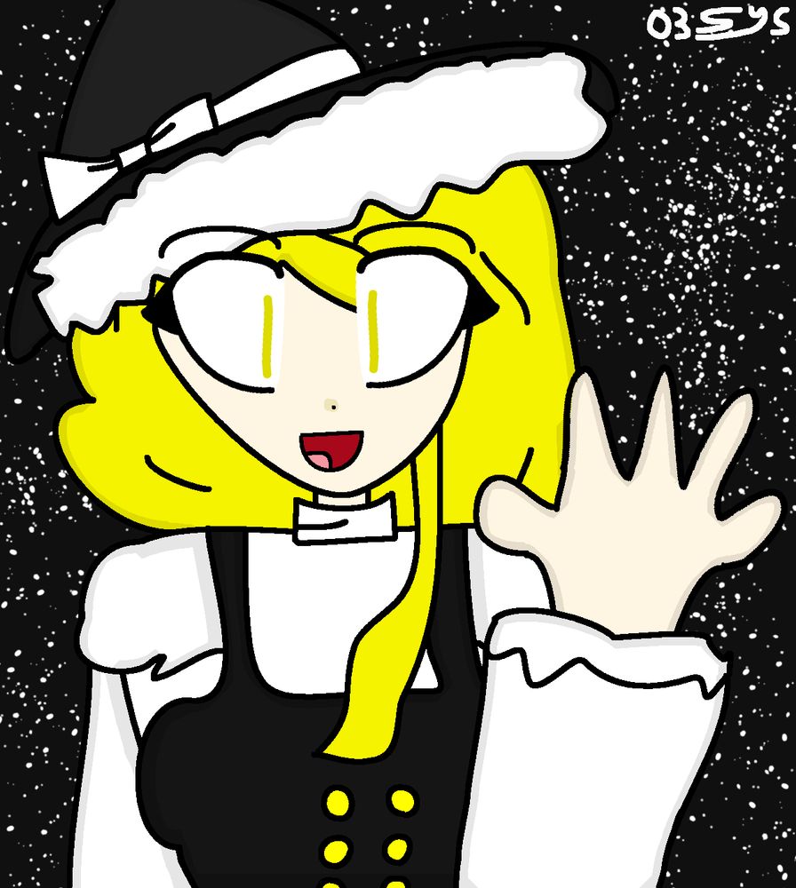A digital drawing of Marisa Kirisame smiling and waving. The background resembles a night sky with stars. My signature, resembling my logo (white text captioned "03Sys"), is in the top right of the drawing.