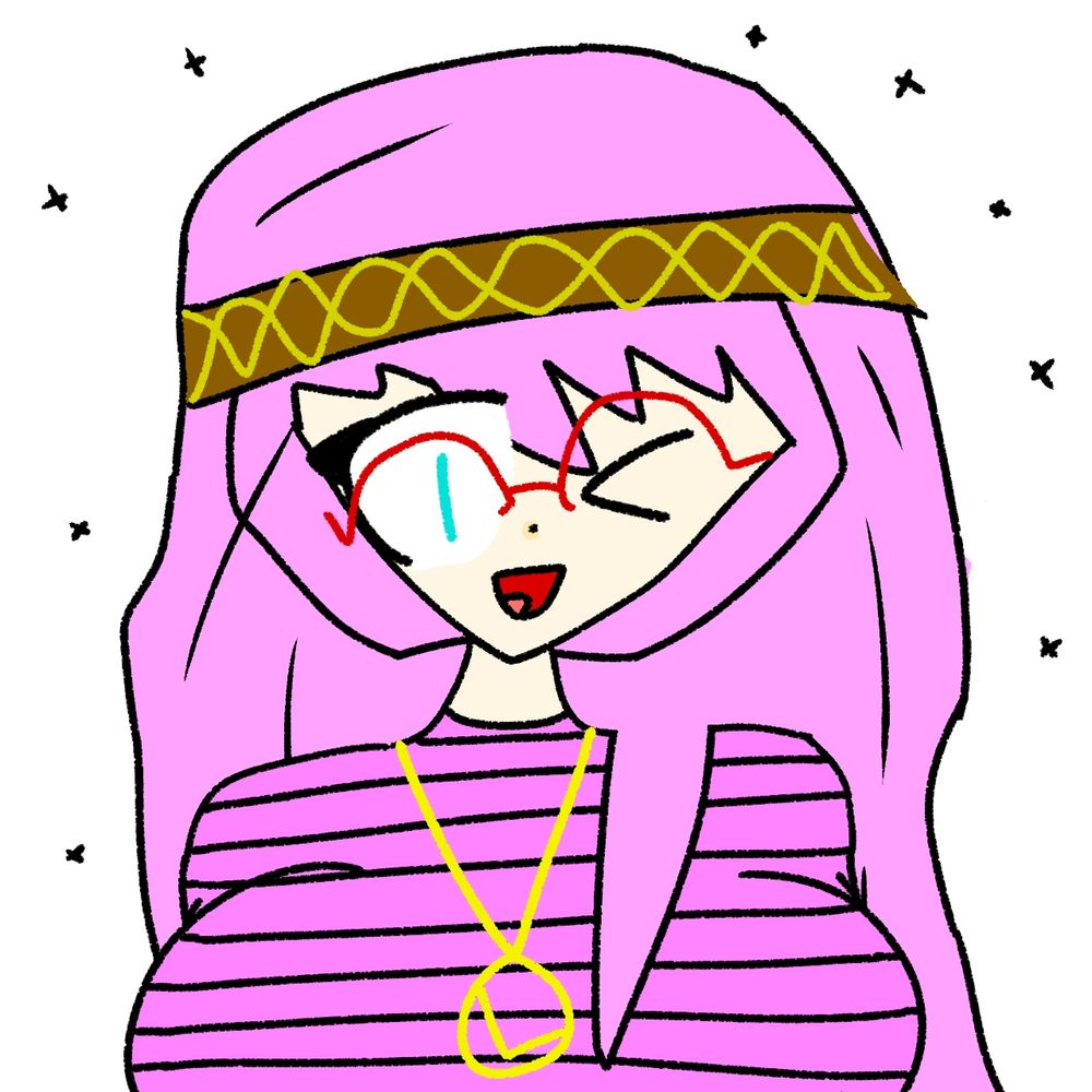 A digital drawing of Luka Megurine (Light & Casual module) winking with a happy expression. She is wearing a pink sweater, red half-rimmed glasses, a hairband resembling the top part of her headphones, and a gold necklace with the letter L in a circle. The background is a solid white with black sparkles.