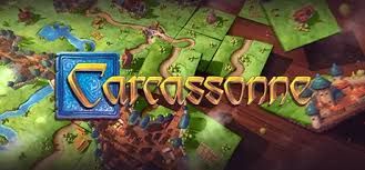 Game art for Carcassonne, a board and pc game. It shows tiles being placed together on a tabletop. The tiles have a mixture of rivers, towns and roads on.