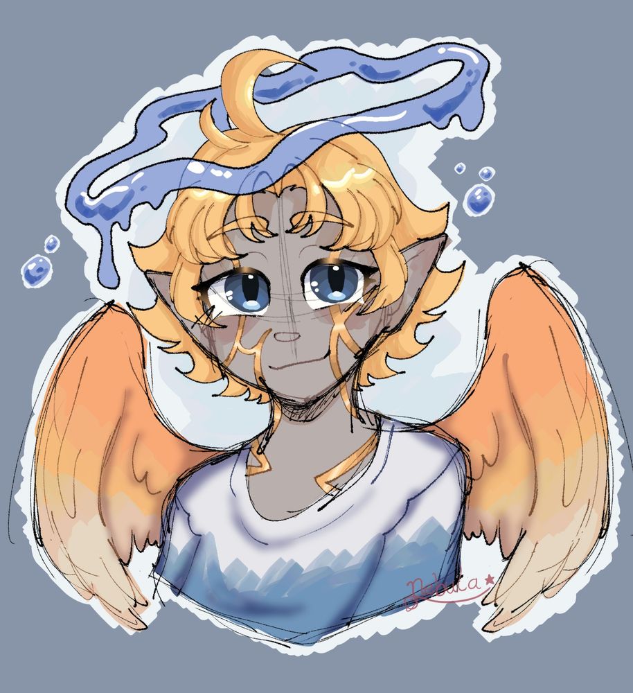 An angel character design with gold wings and a water halo.