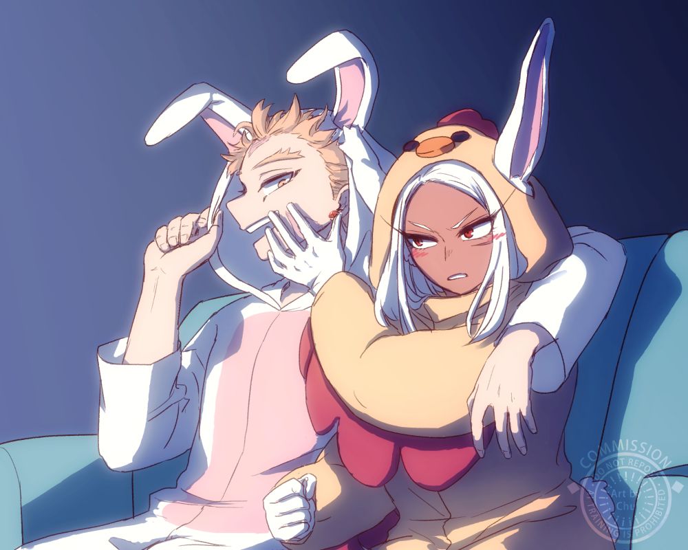 Hawks wearing a white rabbit kigurumi. His arm is around Miruko's shoulders who is dressed in a yellow chicken kigurumi. There's a hazy glow on them as they sit on the couch for movie night. 