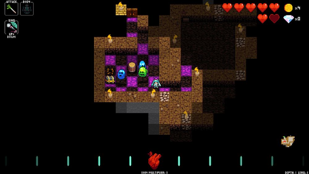 In-game view of Miku with her dedicated leek weapon equipped. The leek itself (in the upper left-hand corner) is beautifully rendered in the pixel art style of the game.