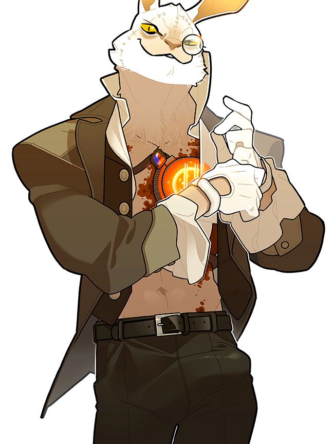 A simple figure illustration of White Rabbit from Netflix's DEVIL MAY CRY, against a white background. He's smiling threateningly at the camera while adjusting his gloves. His clothes are all open at the front to expose his chest. And he's got a monster in his pants.