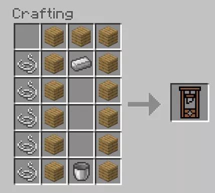 Minecraft craftingtable UI with 13 blocks of wood, 5 string, one iron and one bucket creating a guillotine.