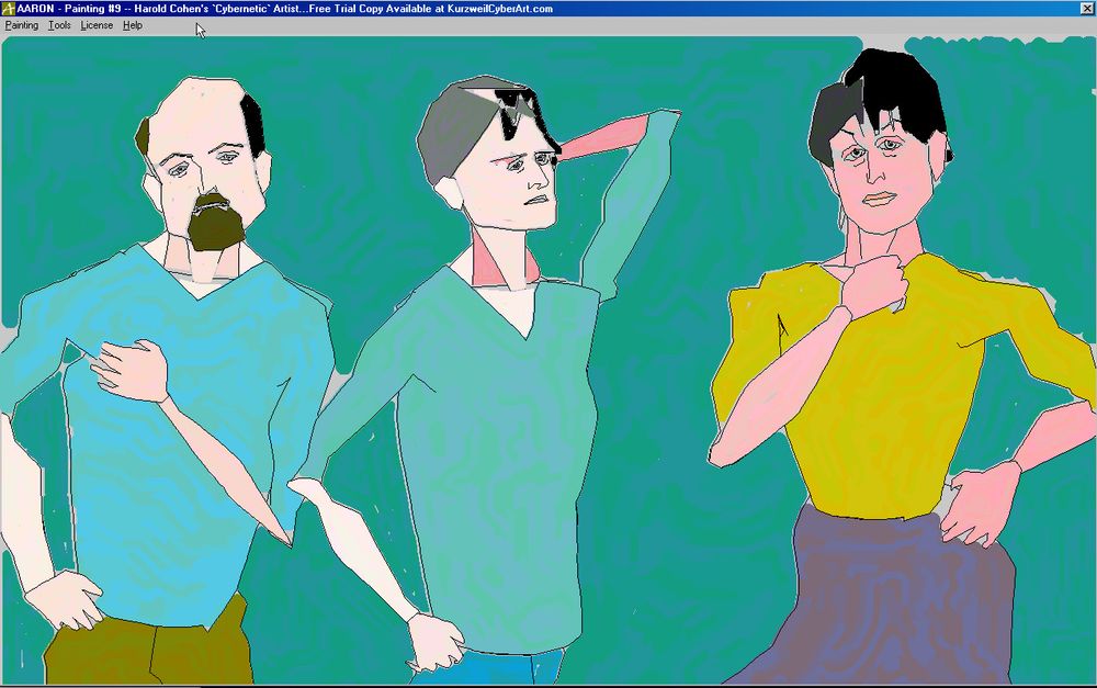 AARON generated painting of three figures on a green background