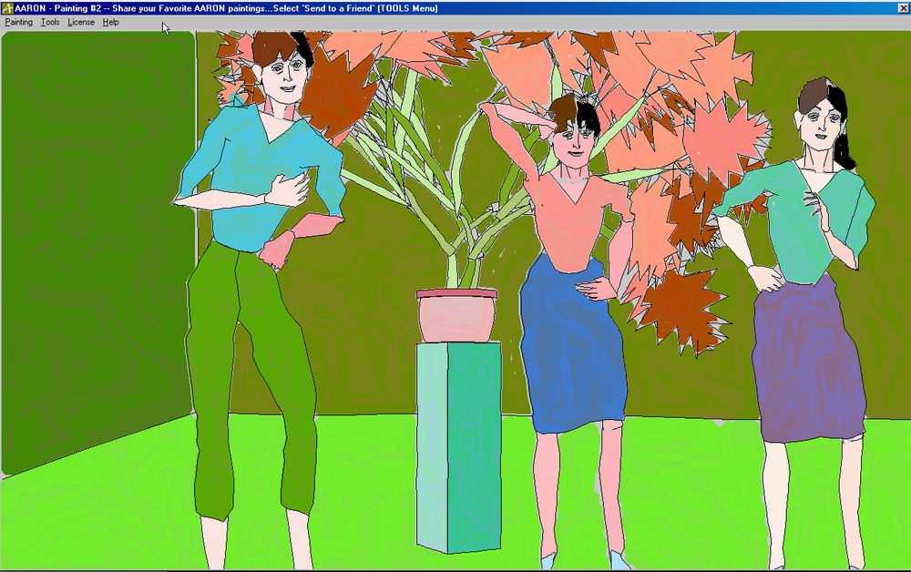 AARON generated painting of three figures near a potted plant