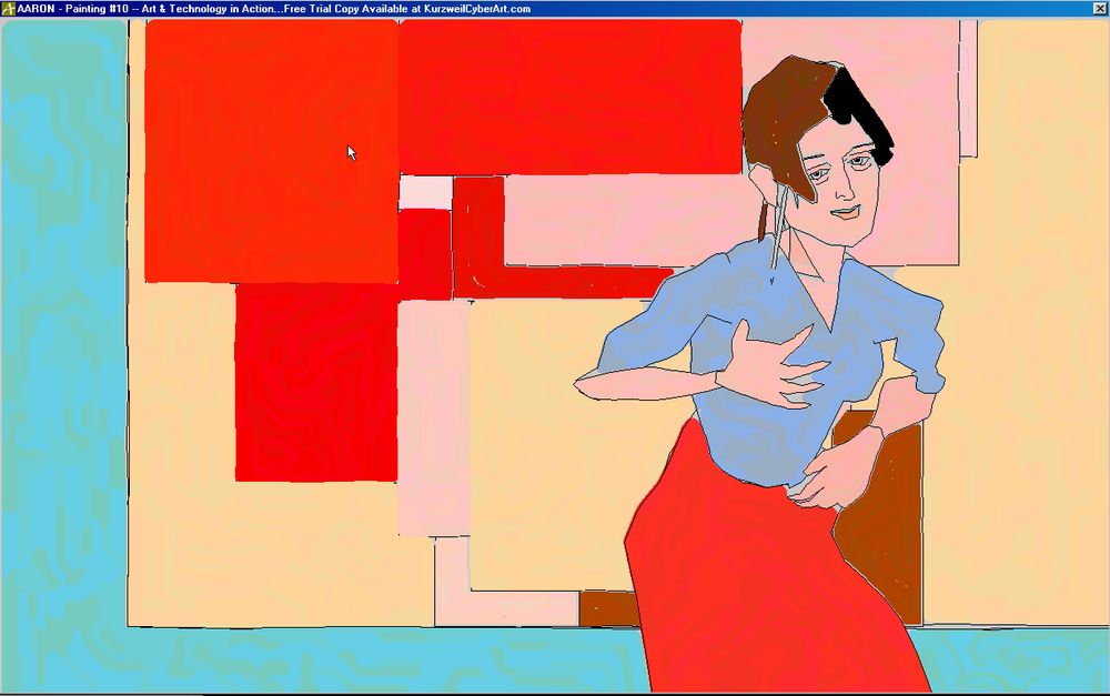 AARON generated painting of a woman against red squares