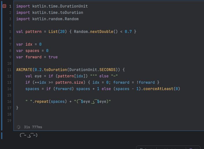 GIF recorded in IntelliJ Kotlin Notebook. A kaomoji face slides left-to-right and back, driven by a Kotlin ANIMATE(0.2.toDuration()) block that updates the output every 200 ms