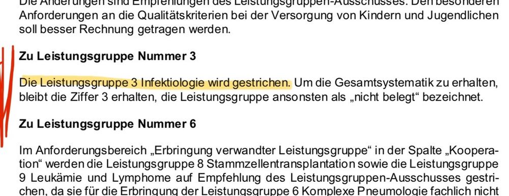 Screenshot aus dem Referentenentwurf: "Zu Leistungsgruppe Nummer 3" Die Leistungsgruppe Infektiologie wird gestrichen.