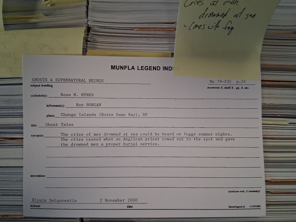 A MUNFLA Legend Index card with synopsis of a story from Change Islands: the cries of men drowned at sea could be heard on foggy summer nights until a priest rowed out and gave them a proper burial service.