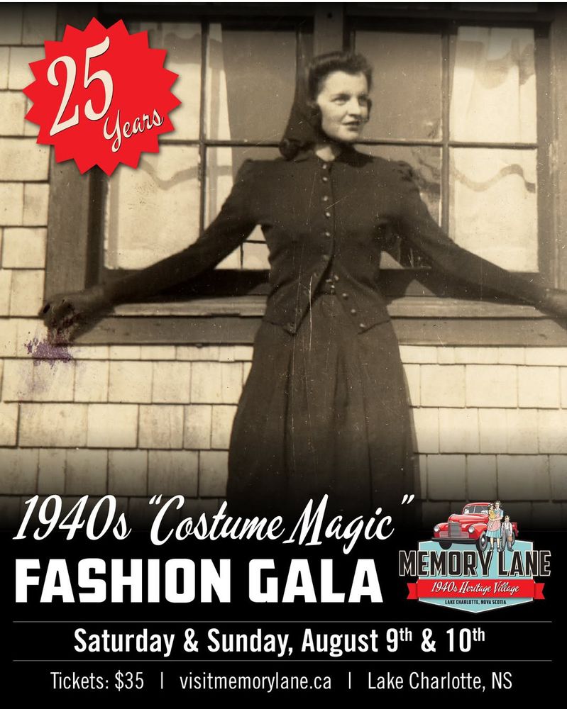 A woman in 1940s garb on a poster advertising the 1940s Costume Magic Fashion Gala at Memory Lane Heritage Village, August 9 and 10.