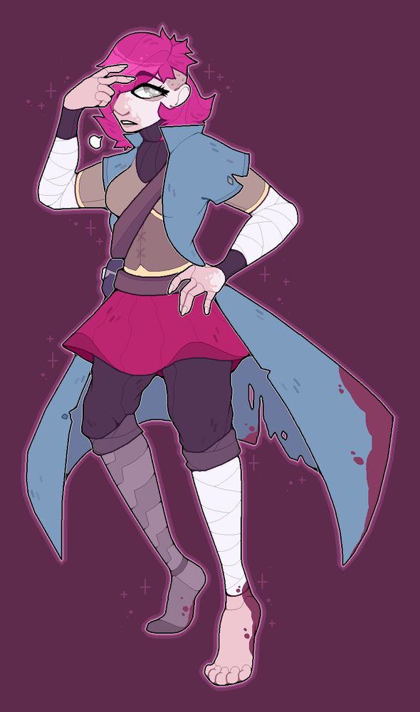 My OC Aster standing with her hand on her hip and her other hand pinching her brow. She looks exasperated. She doesn’t have the wrinkles and age lines of her current iteration.