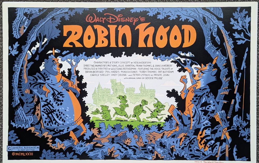 An illustrated poster print for Walt Disneys' Robin Hood
