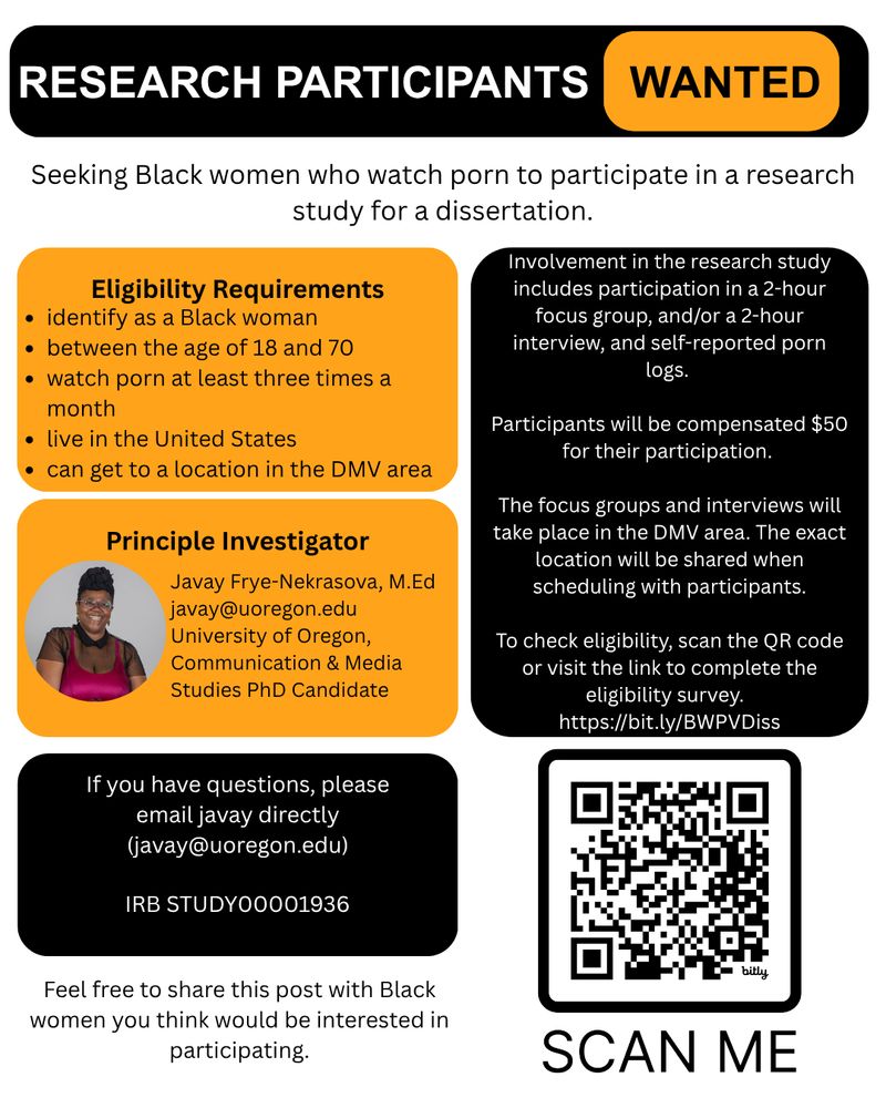 a graphic with black and orange rounded corner text boxes with details about my dissertation research (eligibility requirements, what participation entails, compensation, and details to join the study).