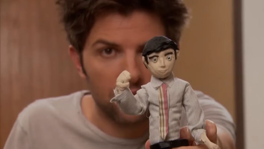 Adam Scott as Ben from "Parks and Recreation" tries to convince Chris that he's not depressed showing a claymation figurine of himself that looks as mentally unwell as him.