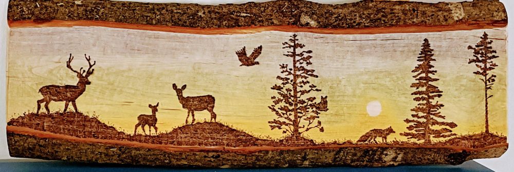 Landscape art sunset with deer birds and trees silhouetted against the sky