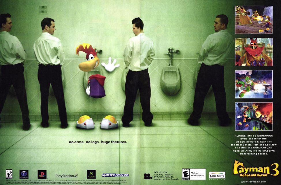 an ad page from Gamepro Issue 175 (April 2003) featuring Rayman from Rayman 3 in the bathroom at a urinal peeing and being stared at by other dudes.