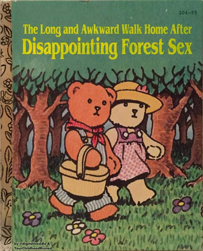 Picture shows a fake book cover with two teddy bears walking through a forest with the title The Long And Awkward Walk Home After Disappointing Forest Sex