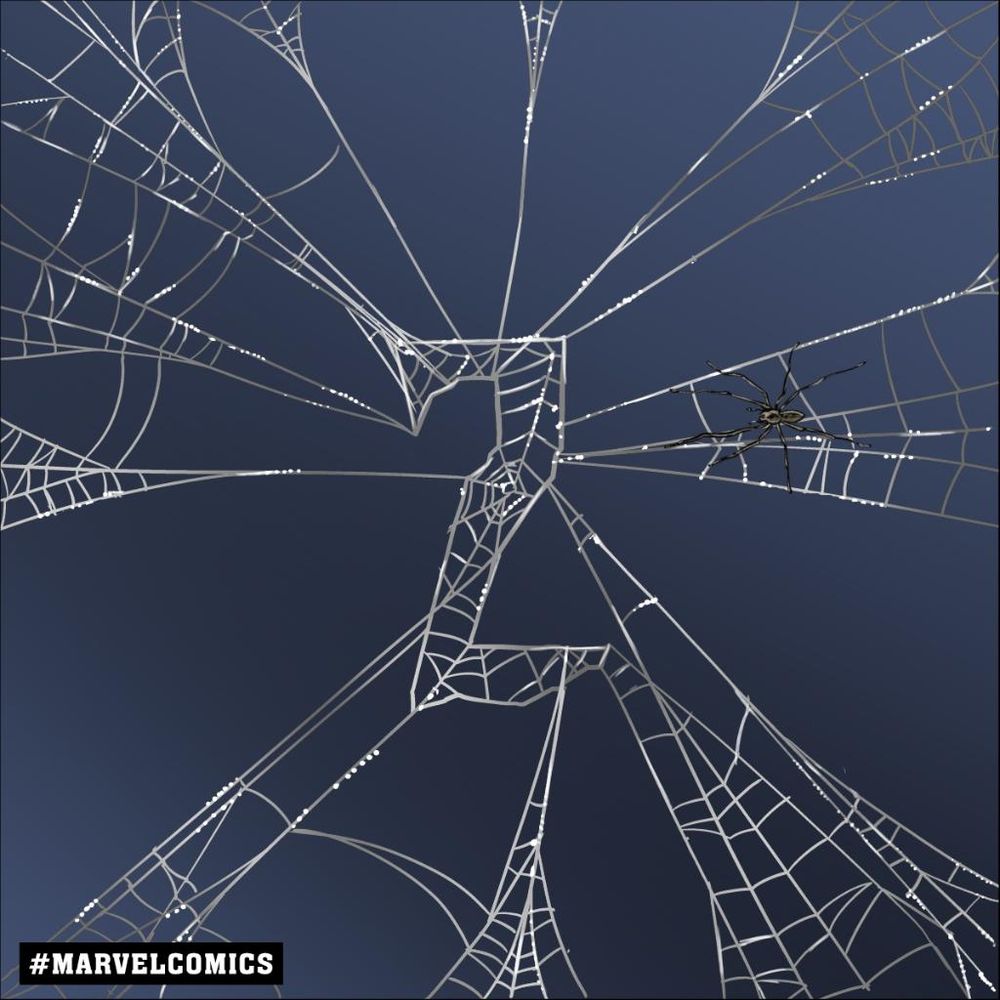 The number 2, rendered in white spiderweb against a blue-grey background. A spider is crawling along the webbing at the right.