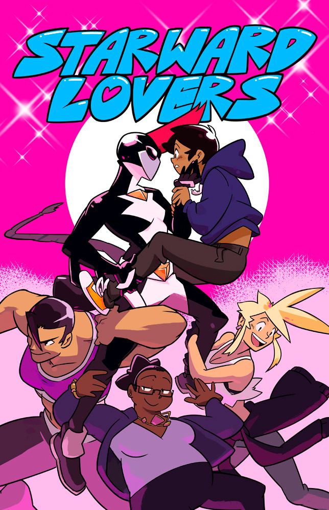 Cover image for the comic Starward Lovers, featuring 5 gay women looking cool and romantic.