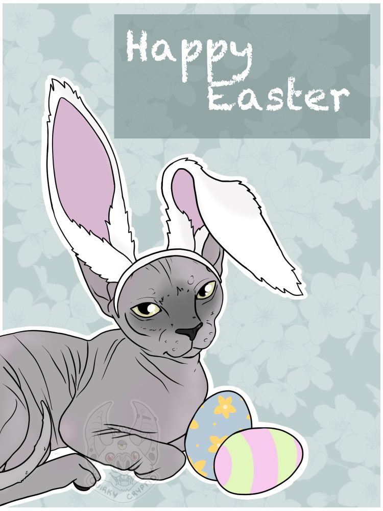 A digital drawing of a grey sphynx cat wearing bunny ears laying down beside two painted eggs.