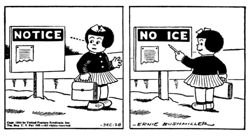 Nancy spots a sign labeled NOTICE and fills in the T, leaving the words NO ICE.