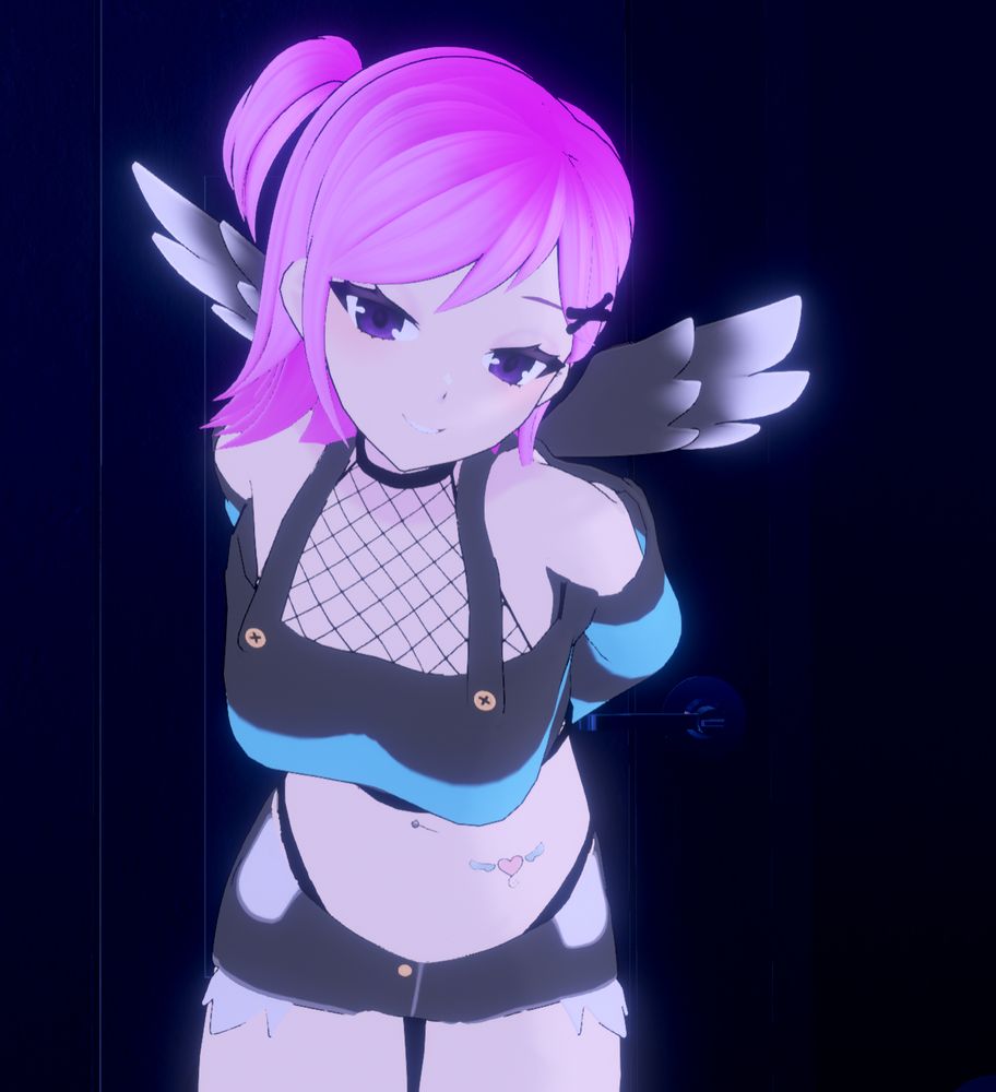 Honeydoo stands in front of a door, posed coyly with her arms behind her back and her chest stuck out prominently. Her head is cocked slightly and she's smirking at you, her purple eyes flashing flirtatiously. She's showing a lot of skin even though she's fully clothed in her normal off-shoulder sweater and denim shorts.