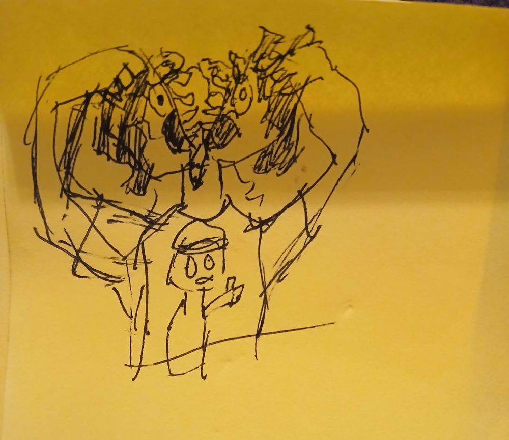 a very rough sketch of someone ripping themselves in half from the head down 