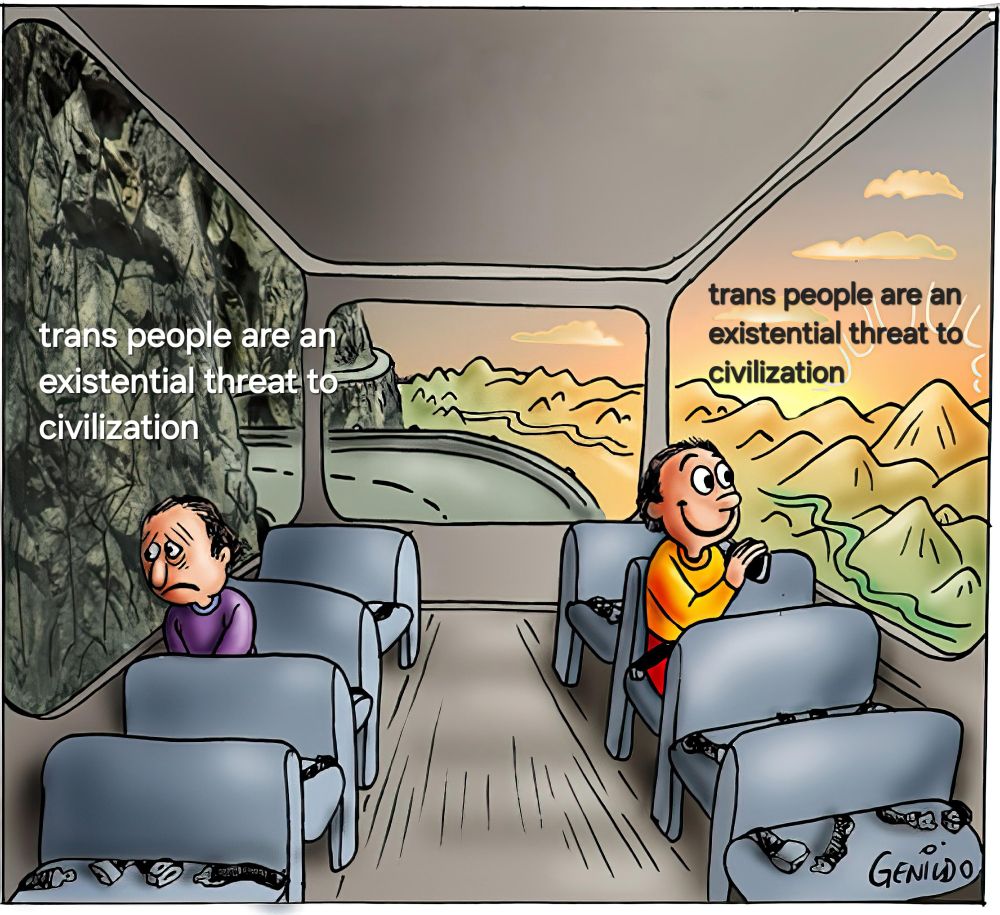 that bus meme but both sides say  "trans people are an existential threat to civilization "