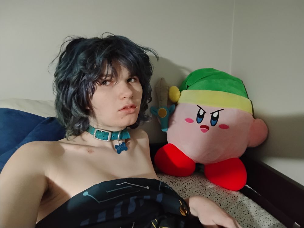 sky <3 chillin in bed topless w sword kirby 
