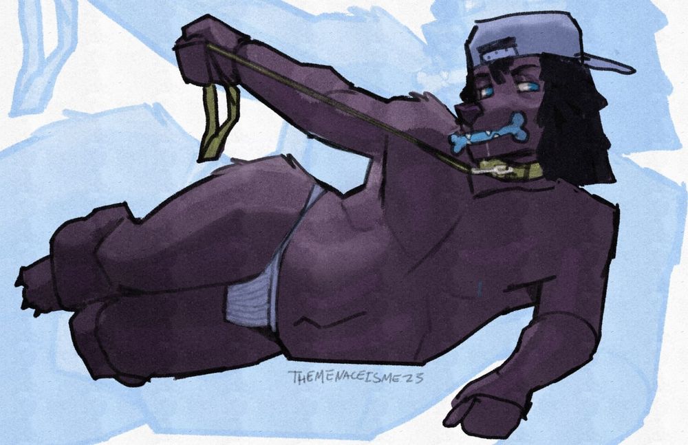My oc, Cory drawn as poodle and wearing a jockstrap. He has a blue bone in his teeth and is pulling on the leash he's wearing, looking at the viewer