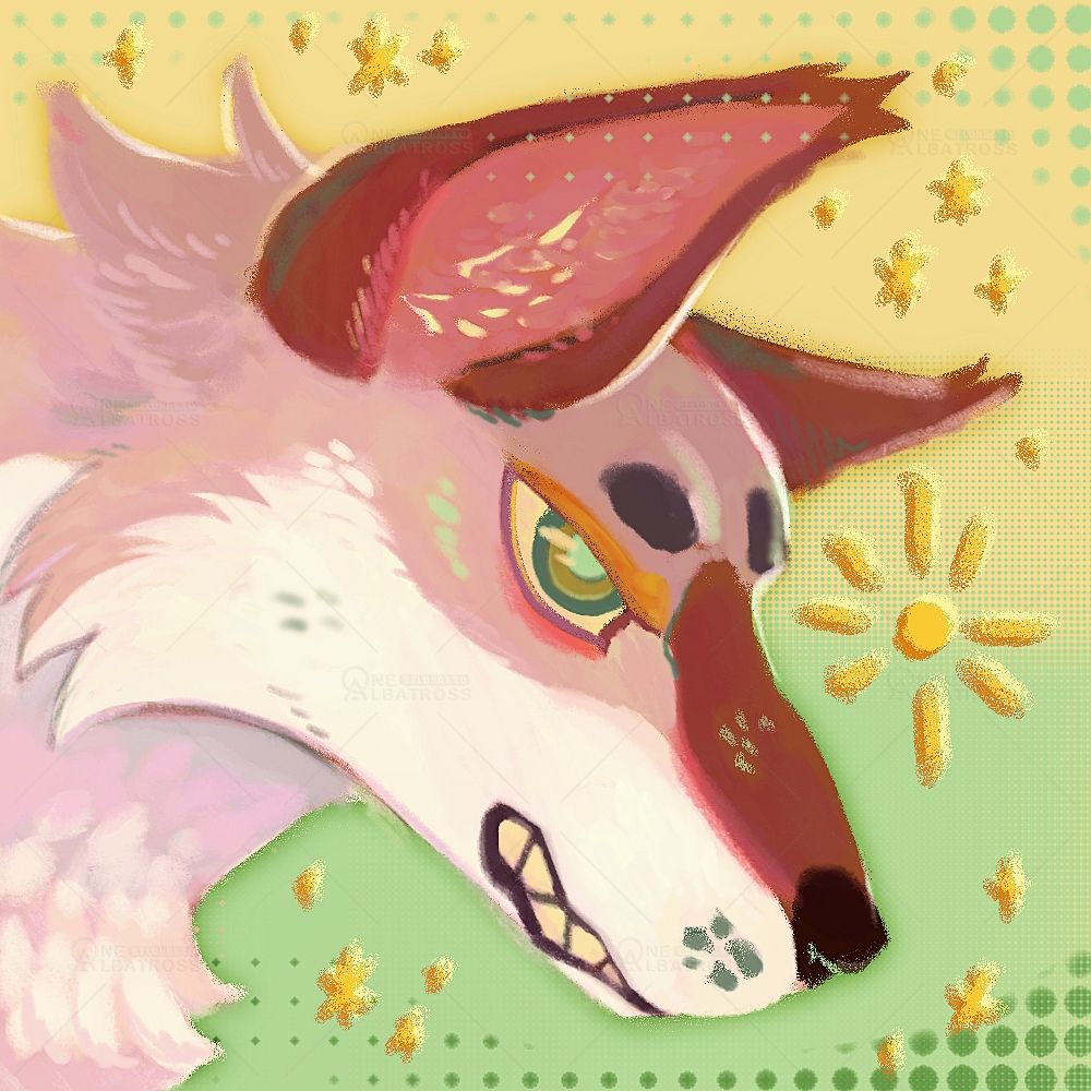 Digital art of the same character but as a messy painterly head shot