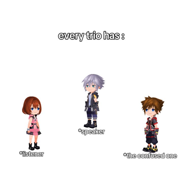 every trio has:
*speaker: picture of riku from kingdom hearts
*listener: picture of kairi from kingdom hearts
*the confused one: picture of sora from kingdom hearts

they are all in the kingdom hearts union cross art style