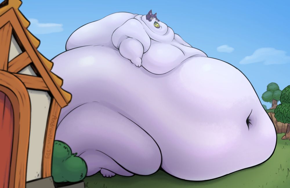 A drawing of a morbidly obese Animal-Crossing-esque cartoon cat, having grown to several storeys tall. The Animal Crossing character Ankha is barely visible within the giant cat's mouth, about to be swallowed.