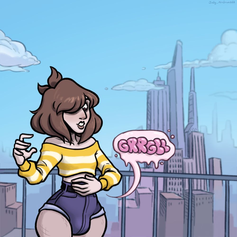 A picture of me wearing short shorts and a sweater, holding my hand to my grumbling stomach. a cityscape sprawls across the background.