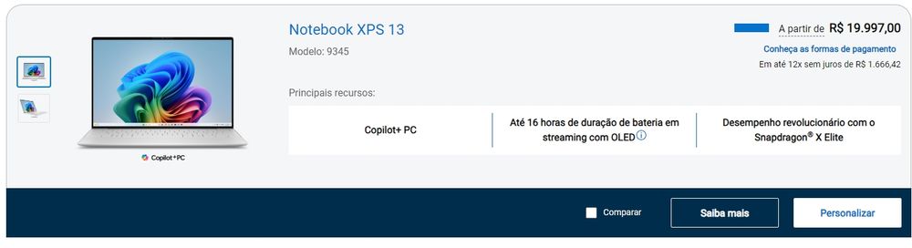 Anúncio de notebook Dell com processador Snapdragon X Elite custando R$ 19.997,00.